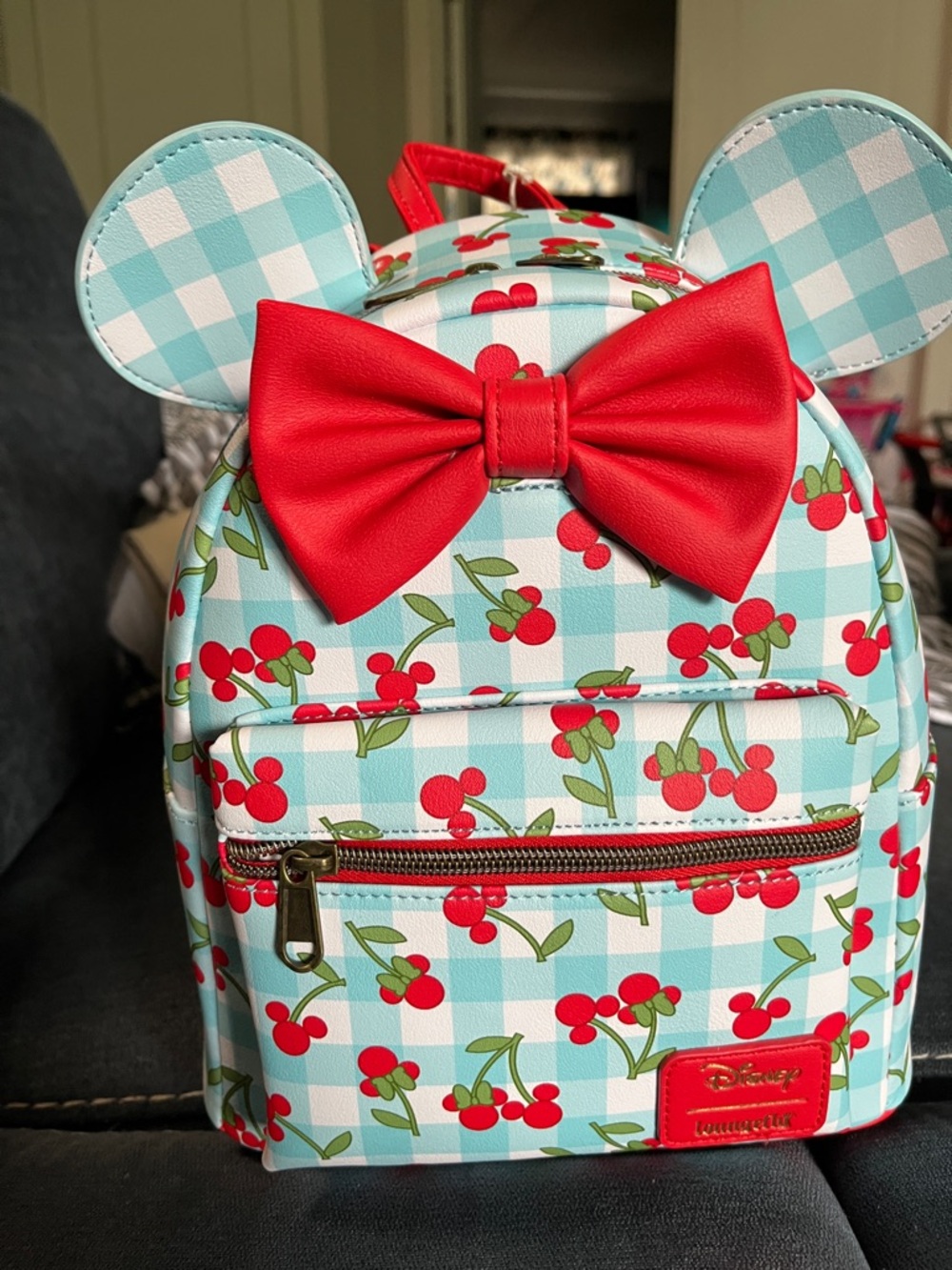 Disney Minnie Loungefly Blue Gingham Cherry Mini Backpack with Red Bow